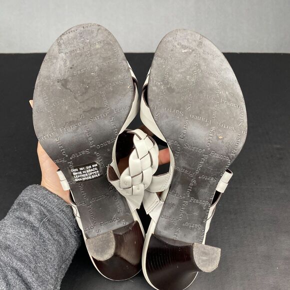 Franco Sarto White Ivory Leather High Heel Slip On Sandals Braided Upper 8.5 M - Picture 7 of 14